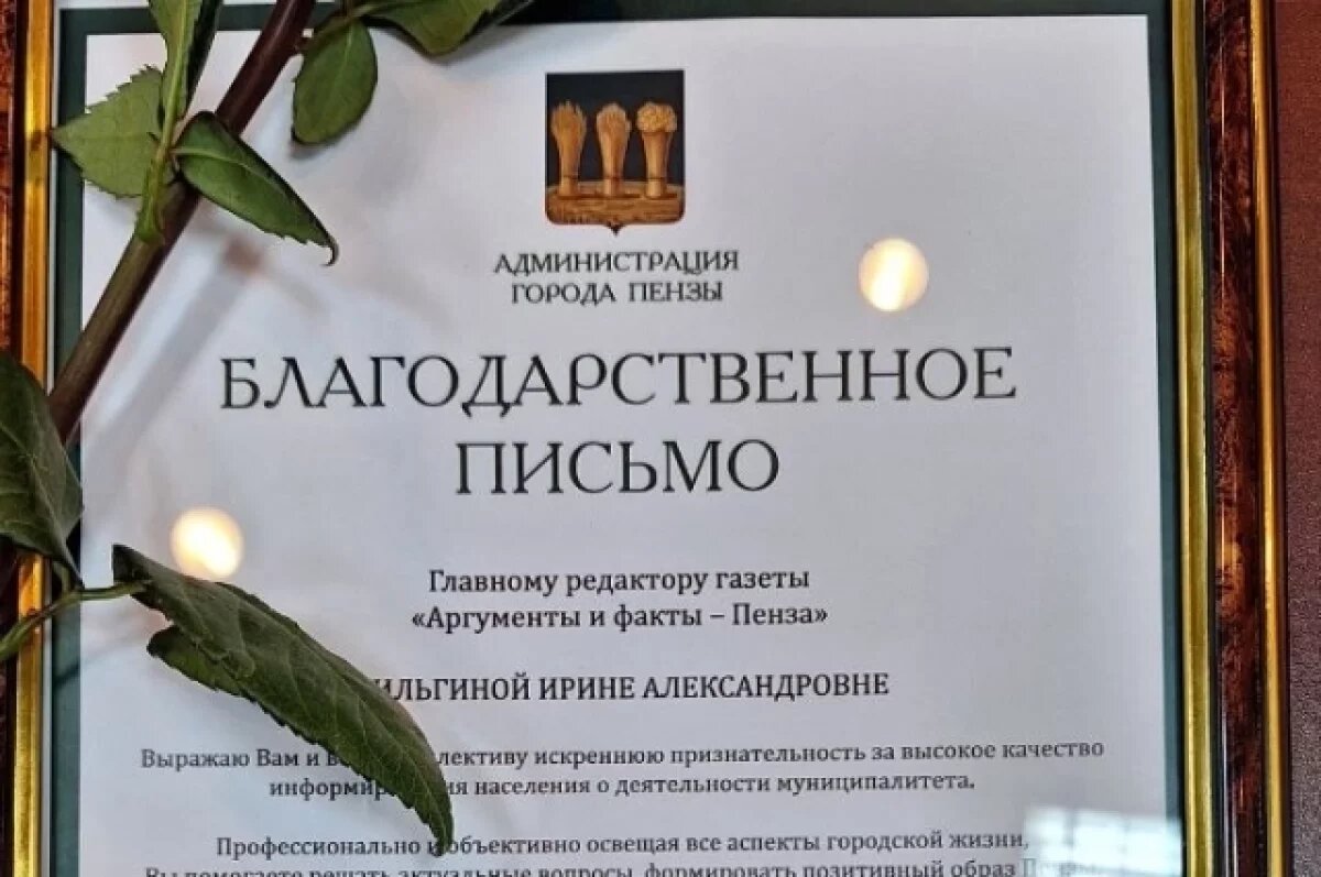    Глава Пензы вручил благодарность главному редактору «АиФ»-Пенза»