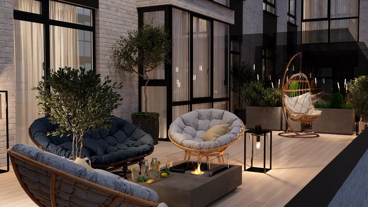 Терраса с биокамином в ЖК "Сиреневый бульвар"