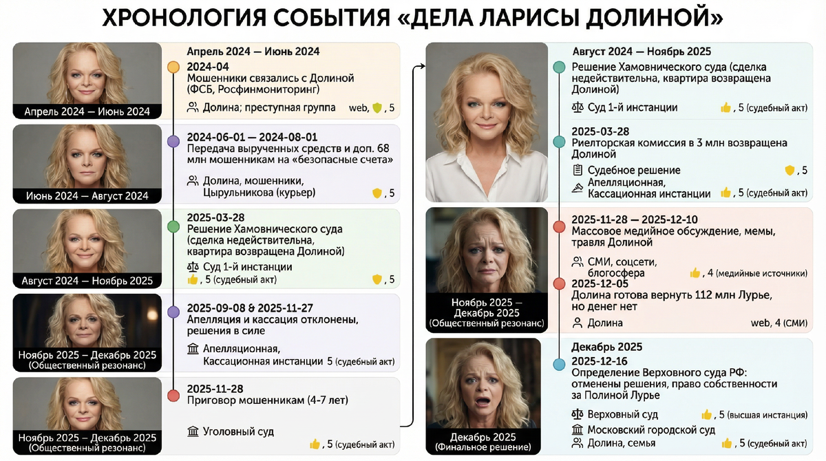 Инфографика "ХРОНОЛОГИЯ СОБЫТИЯ «ДЕЛА ЛАРИСЫ ДОЛИНОЙ»" Автор ИИ Маркиз