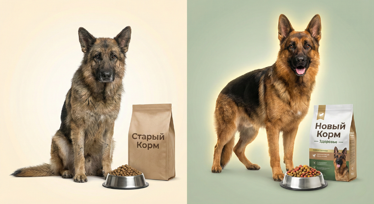 До и после: смена корма на правильный рацион улучшает здоровье и кондицию овчарки.