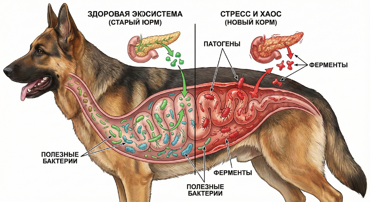 ЖКТ овчарки: здоровая микрофлора при стабильном питании vs дисбаланс при резкой смене корма.