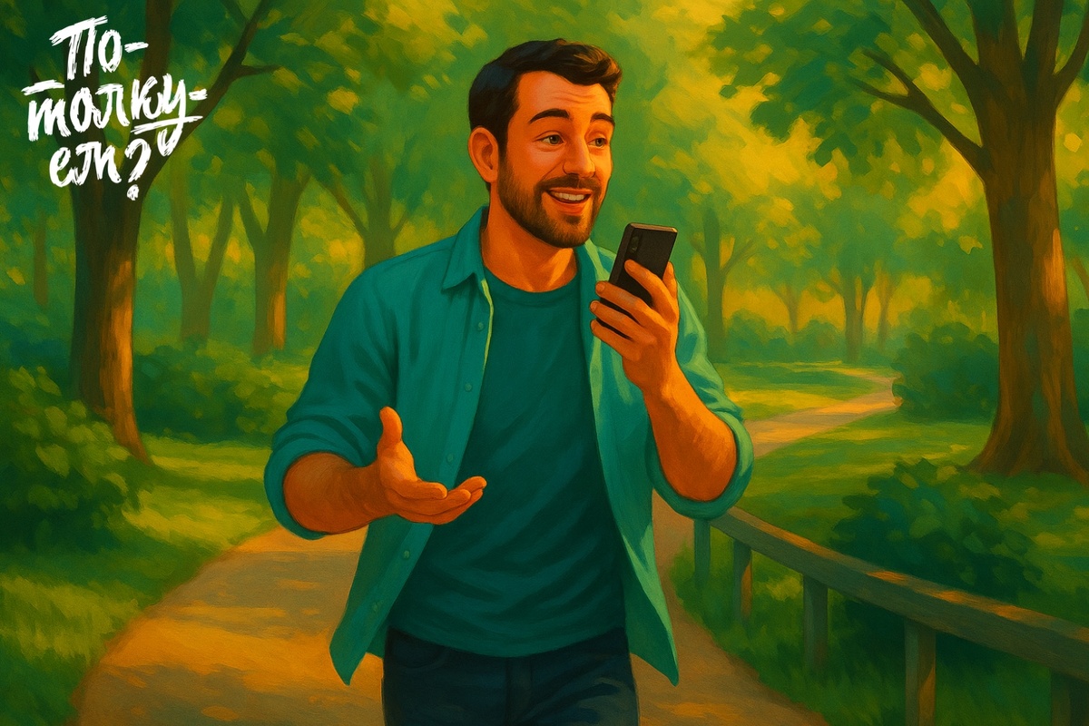 Молодой мужчина идёт по парку с телефоном в руке и жестикулирует