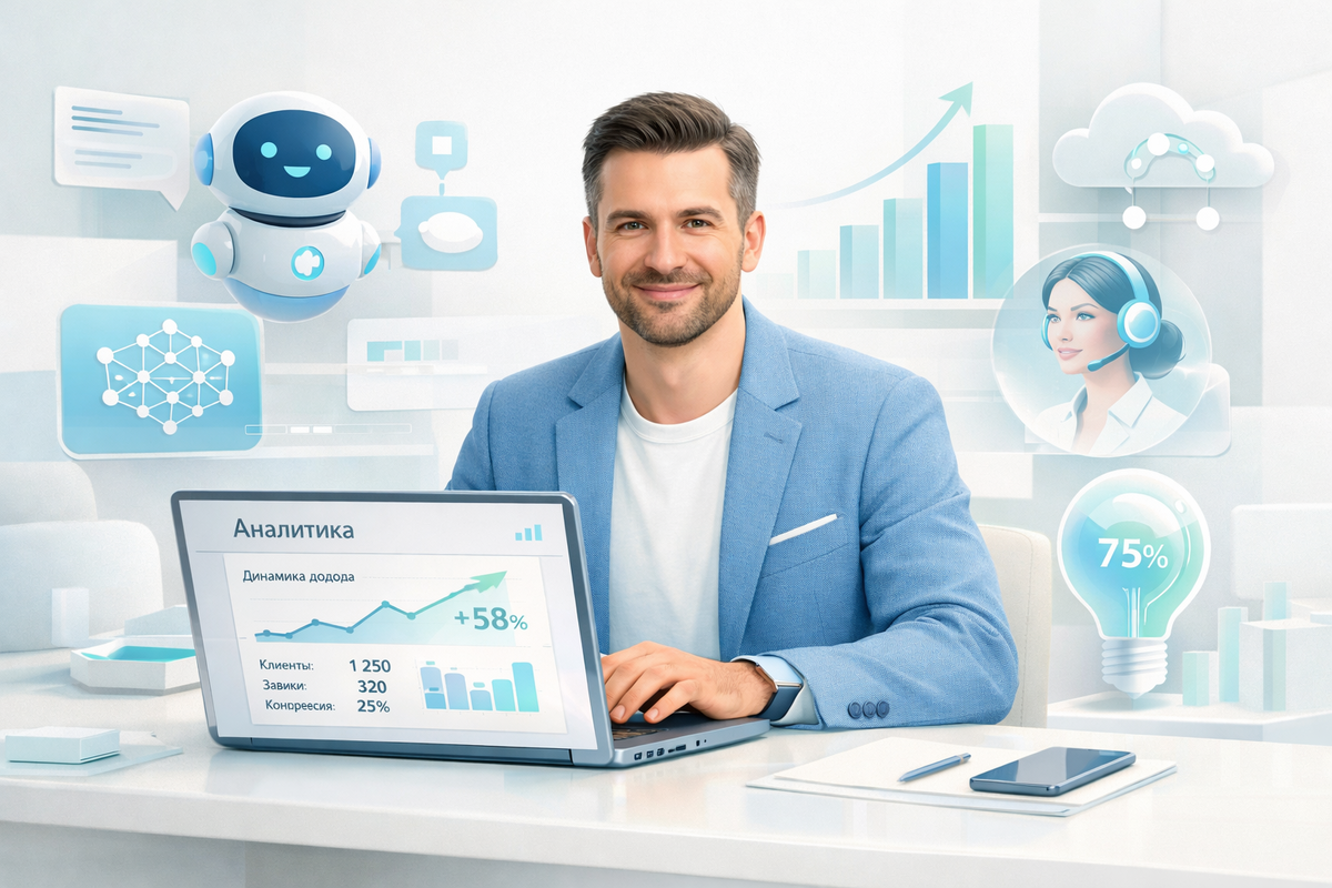 Современный коуч и наставник 2026 года за ноутбуком, вокруг цифровые ассистенты, нейросети и графики роста, визуал про AI, эффективность и экспертность
