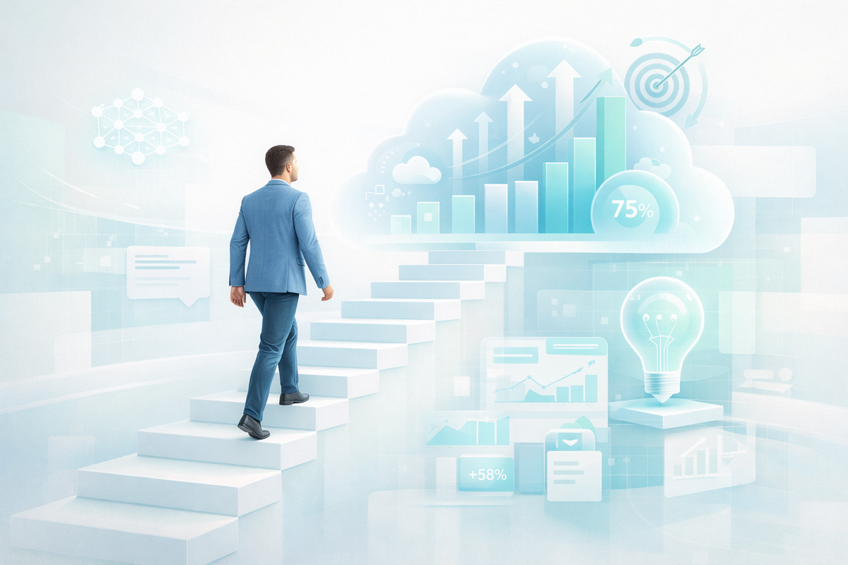 Коуч 2026 года поднимается по лестнице к диаграмме роста, визуальная метафора развития, стратегии и масштабирования с помощью AI и аналитики