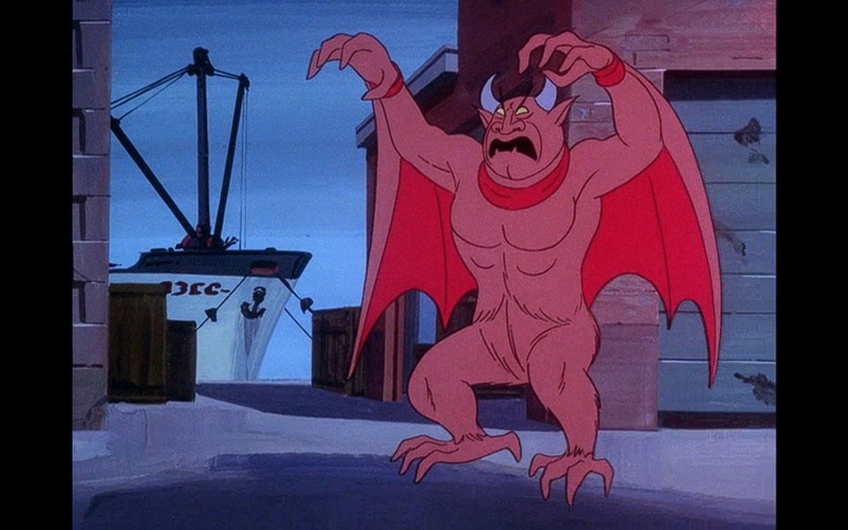 Такие же, только ростом повыше, коричневые, без рогов и крыльев, и с более выраженными зубами и когтями. И ступни более человекообразные
Кадр из мультфильма «Необыкновенные приключения Скуби-Ду»