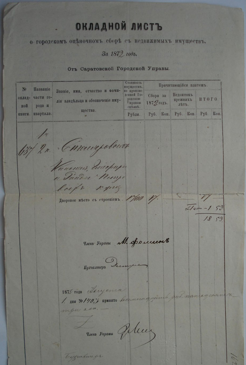 Окладной лист за 1872 год