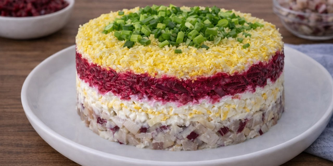 Этот "селедочный" салат просто бесподобен. Всегда сьедается сразу и на праздничном столе смотрится красиво