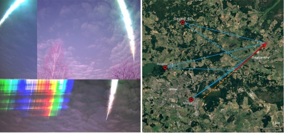    Полет метеорита, попавший на камеры, и траектория его движения в районе Смолевичей. Фото: planetarium.by