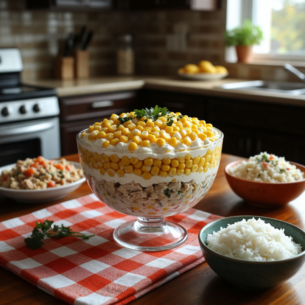 🍽️ Слоёный салат с консервированной рыбой, рисом и кукурузой: лёгкий и вкусный рецепт 🍽️