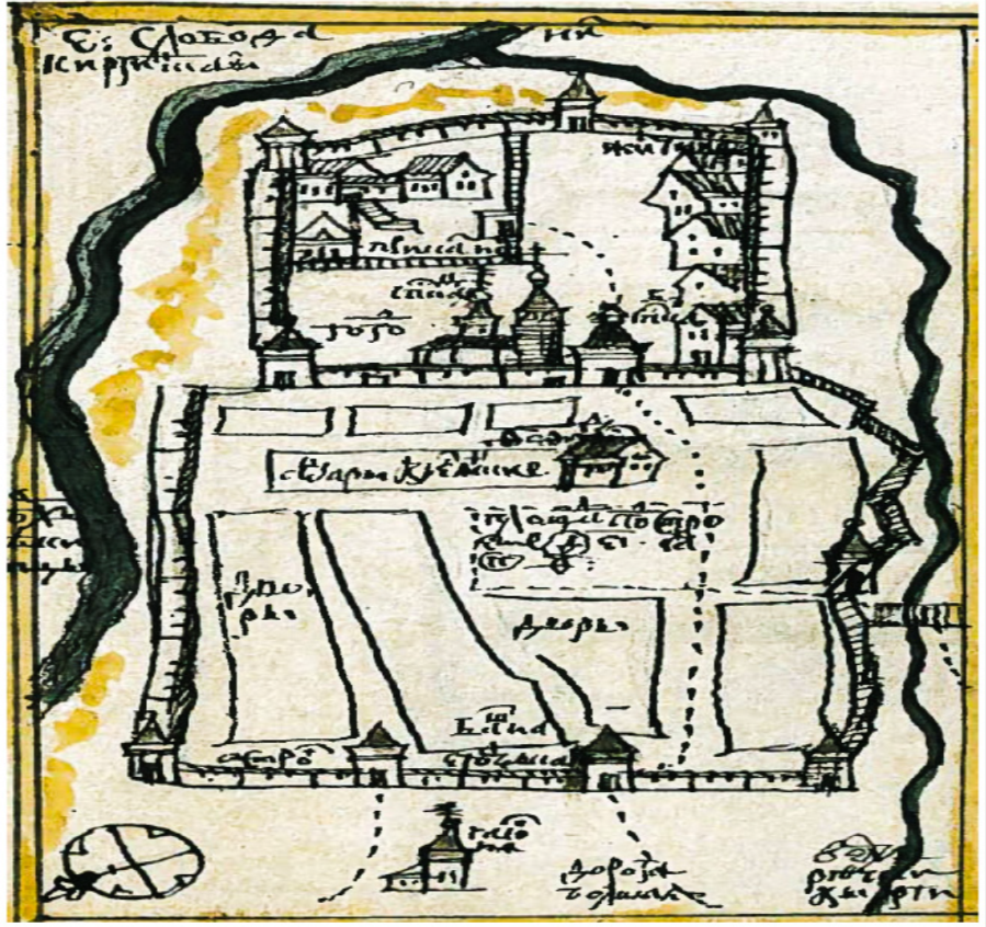 План Киргинской слободы из «Служебной чертежной книги»
Один из трех атласов, составленных сибирским изографом С.У. Ремезовым и его сыновьями кон. XVII — нач. XVIII в.