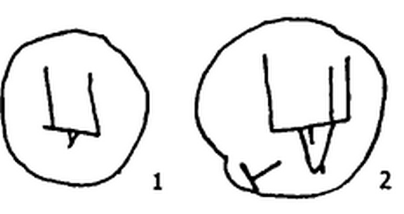 Древнейшие изображения знаков Рюриковичей - граффити на монетах с о. Готланд. 1 - монета 877/878 годов из клада с младшей монетой 880-885 годов, 2 - монета 894 года.