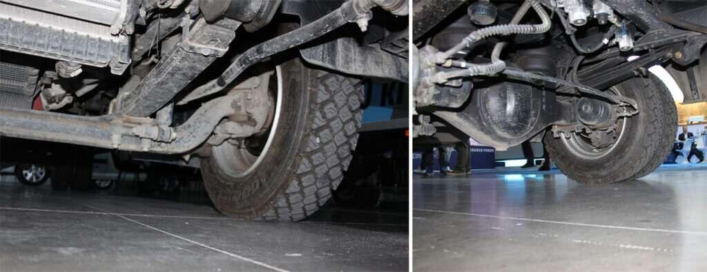    Даже под изогнутой балкой передней оси вполне достаточный просвет до земли. Рессорная подвеска заднего моста дополнена пневмокамерами для плавного хода