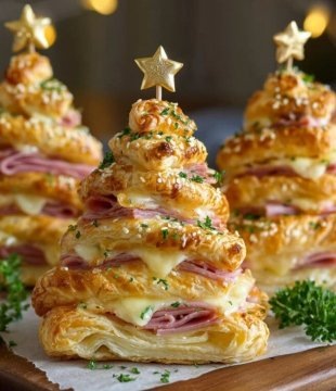 Елки из слоёного теста с ветчиной и сыром