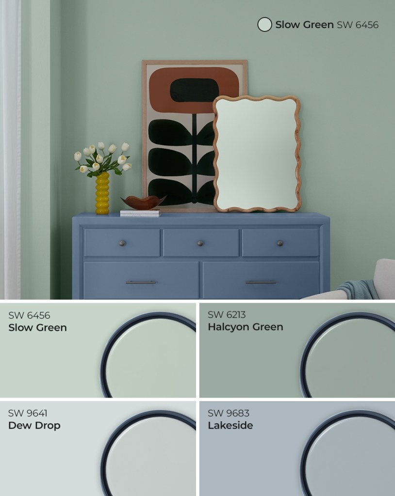 Представленные цвета: SW 6456 Slow Green, SW 6213 Halcyon Green, SW 9641 Dew Drop, SW 9683 Lakeside