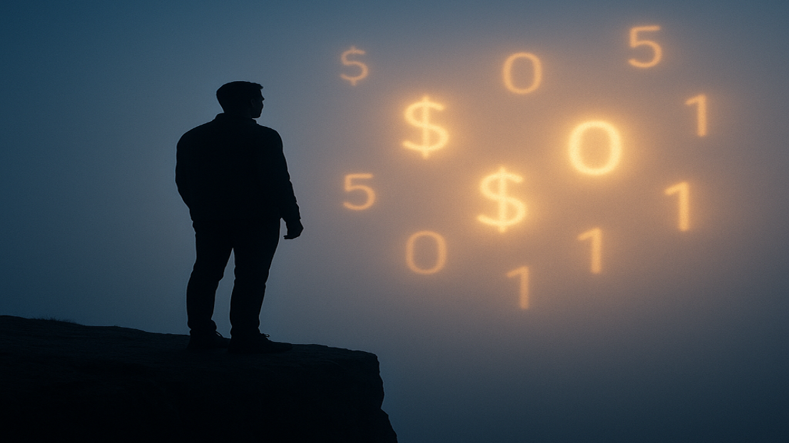 Человек на краю обрыва, впереди туман и светящиеся цифры 