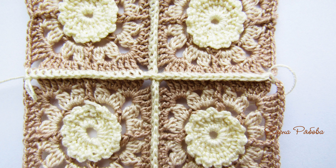 Соединение квадратных мотивов крючком + схемы квадратов.