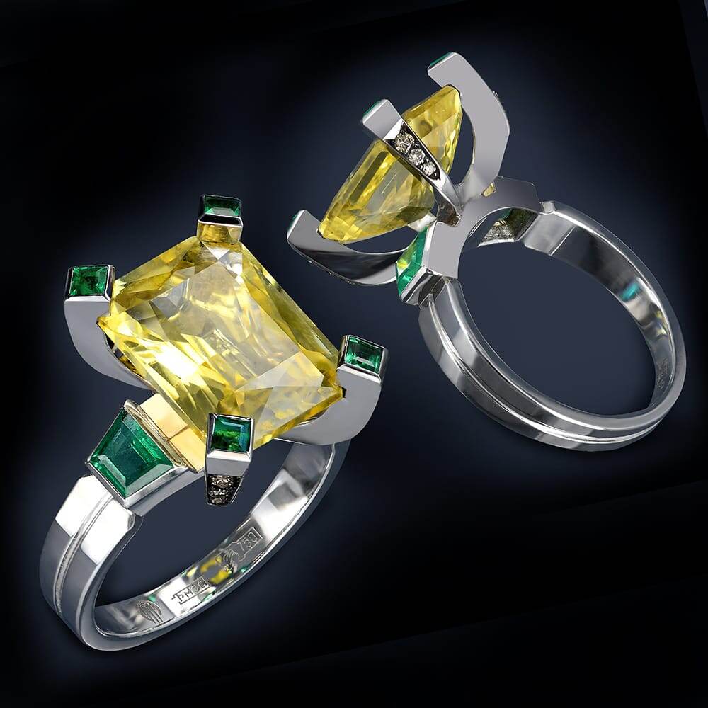 OM-JEWELLER. Кольцо с натуральным жёлтым сапфиром. Не гретый желтый сапфир 8,5 карат, изумруды, бриллианты и золото 750 пробы.