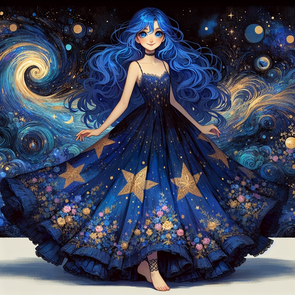 Добрая фея с голубыми волосами и глазами в синем платье с утонченным узором из звезд и цветов окружена волшебством космических тел.