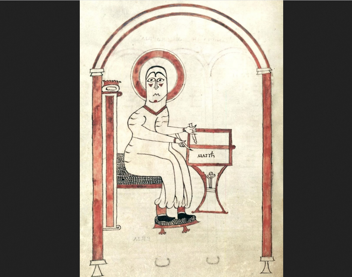 "Святой Матфей, работающий над Евангелием", иллюстрация конца IX - начала X века.