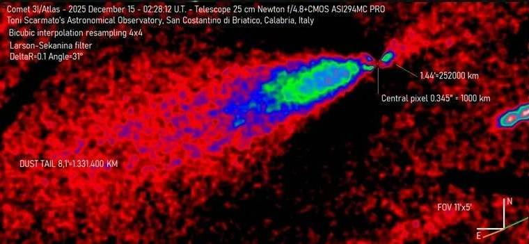 Изображение узконаправленной струи антихвоста 3I/ATLAS. Обработано с помощью фильтра градиента Ларсона-Секенины 15 декабря 2025 года. Автор: Тони Скармато.