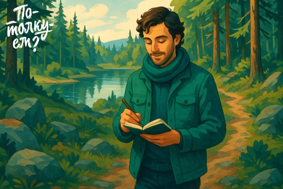 Мужчина в зелёной куртке идёт по лесной тропинке и смотрит в блокнот