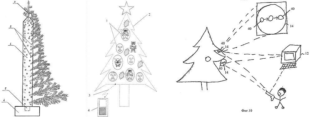    Слева: елка "Наташа", которая состоит из деревянного ствола с основанием и съемных веток. В центре: интерактивная гирлянда с говорящими игрушками. Справа: интерактивная система рождественских украшений. / Фото: new.fips.ru