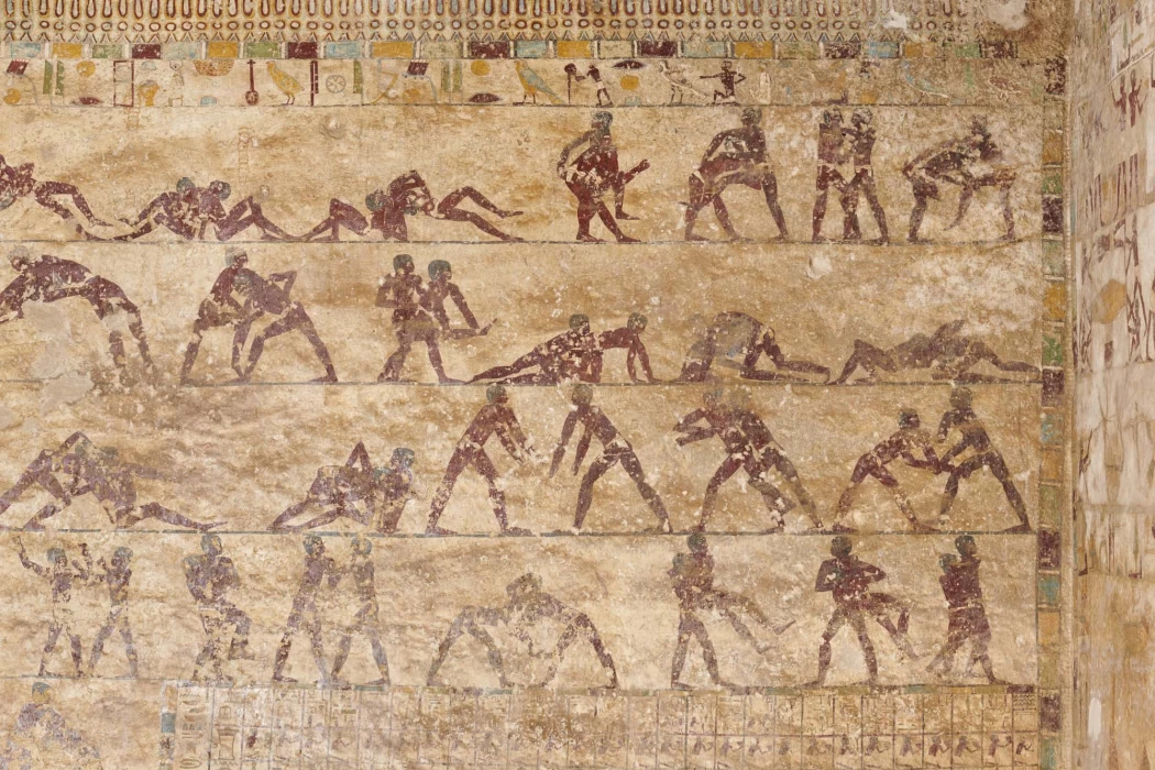 Изображение выполнения борцовских приемов на стенах некрополя Бени-Хасан. 