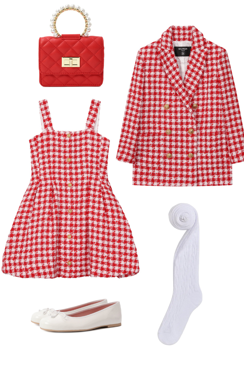 1 образ: Колготки Peppy Woolton, Пиджак Balmain, Платье Balmain, Туфли Pretty Ballerinas,Сумка Monnalisa