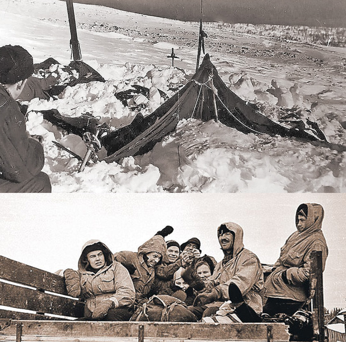 Изображение взято из открытых источников. Реальная группа Игоря Дятлова в последнем походе и место трагедии — склон горы Холатчахль. Между этими двумя кадрами — всего несколько дней и вечность неразгаданной тайны.