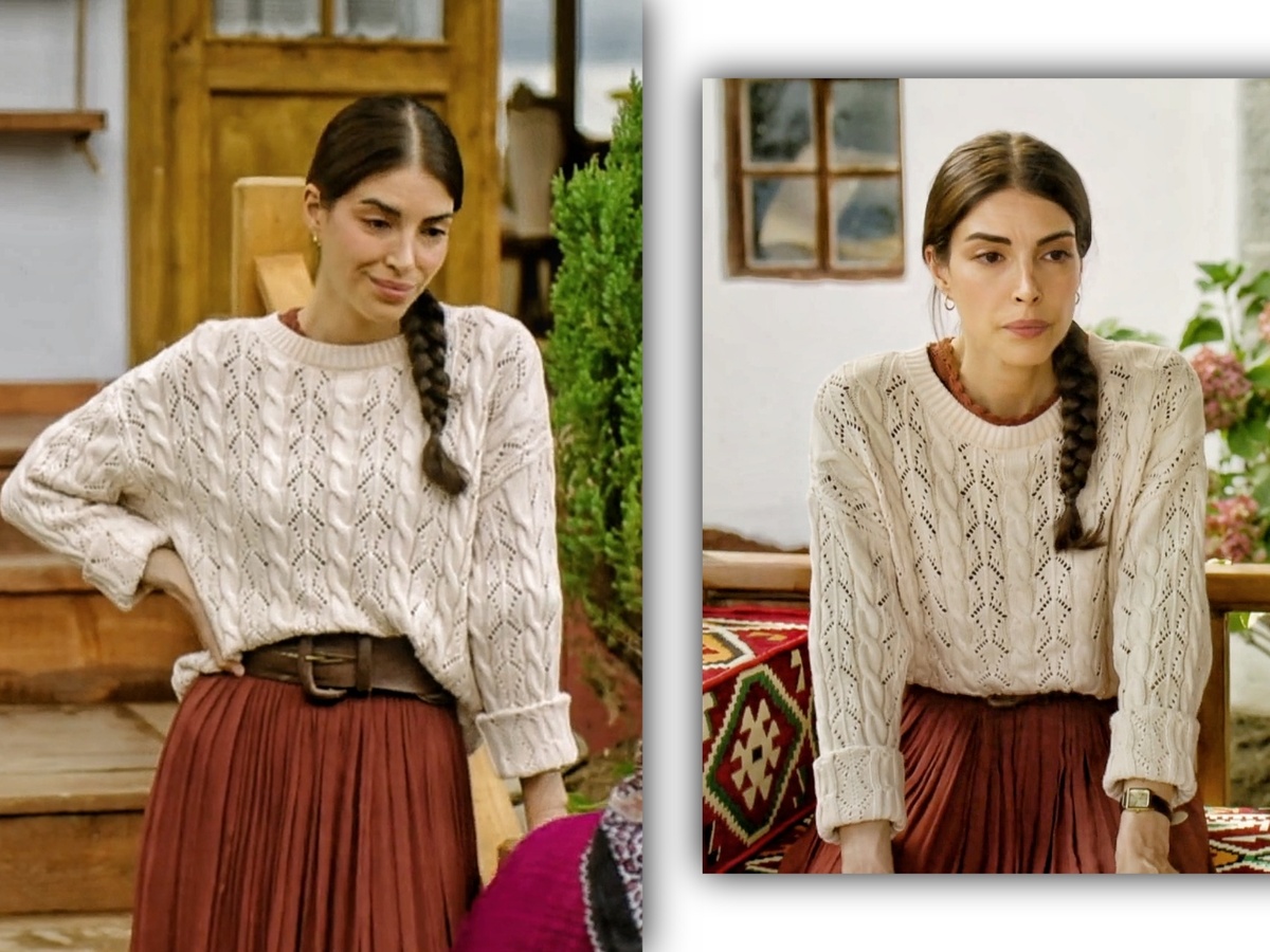 Эсме Фуртуна (Дениз Байсал) главная героиня сериала "Это море переполнится" в ажурном джемпере со жгутами