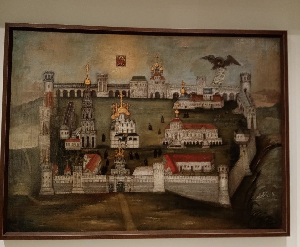 Неизвестный художник. Вид Новодевичьего монастыря. (Москва, 1770е годы). В небесах икона Богоматери Одигитрии и орёл с грамотой в клюве с надписью о построении Московского монастыря 