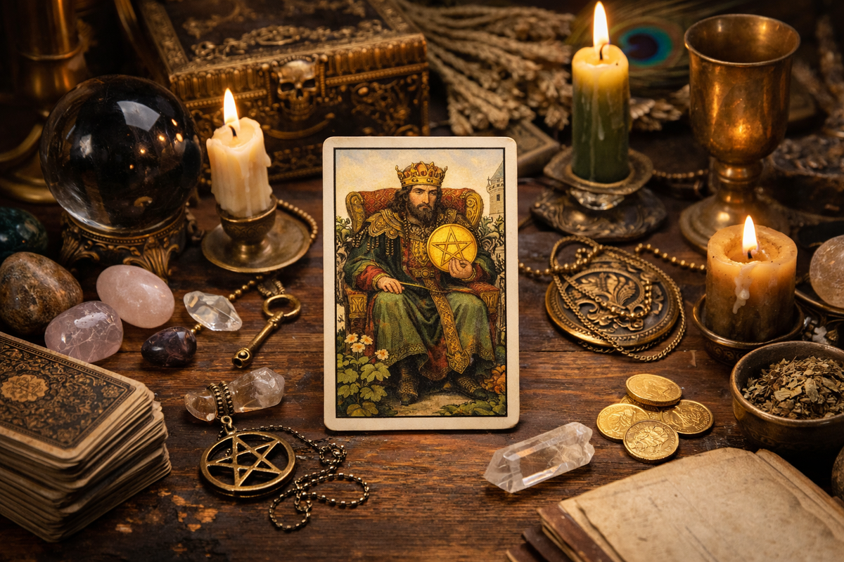 Расклад с Картой Таро Король Пентаклей на столе: свечи, кристаллы и монеты создают атмосферу гадания и подчёркивают тему достатка и опоры.