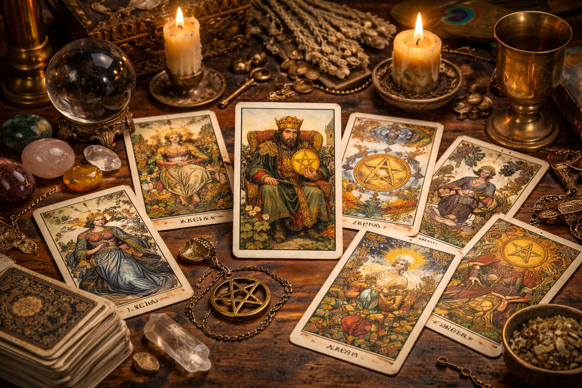 Король Пентаклей в окружении других карт Таро — рабочая сцена расклада