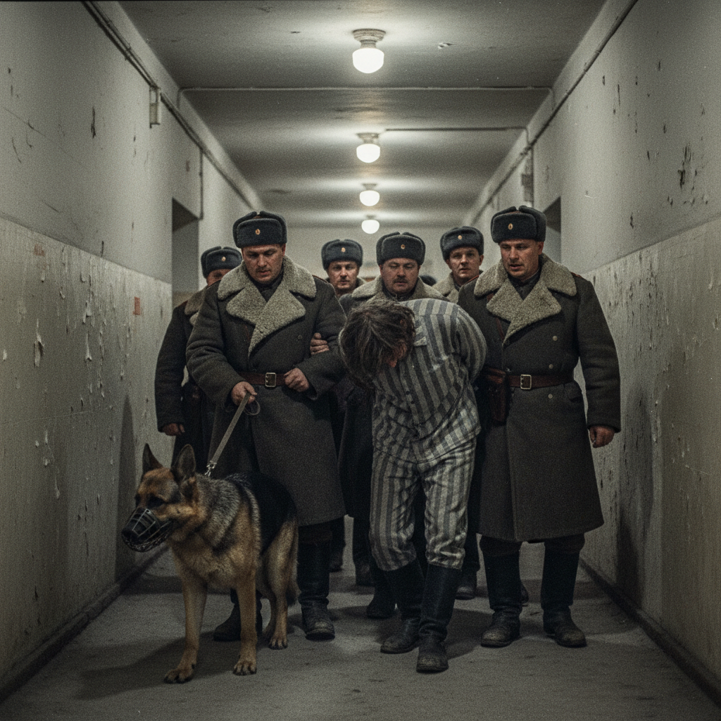 Поза покорности. Именно в советское время была отработана система конвоирования, исключающая малейшее сопротивление. Заключенный должен был видеть только пол под ногами.