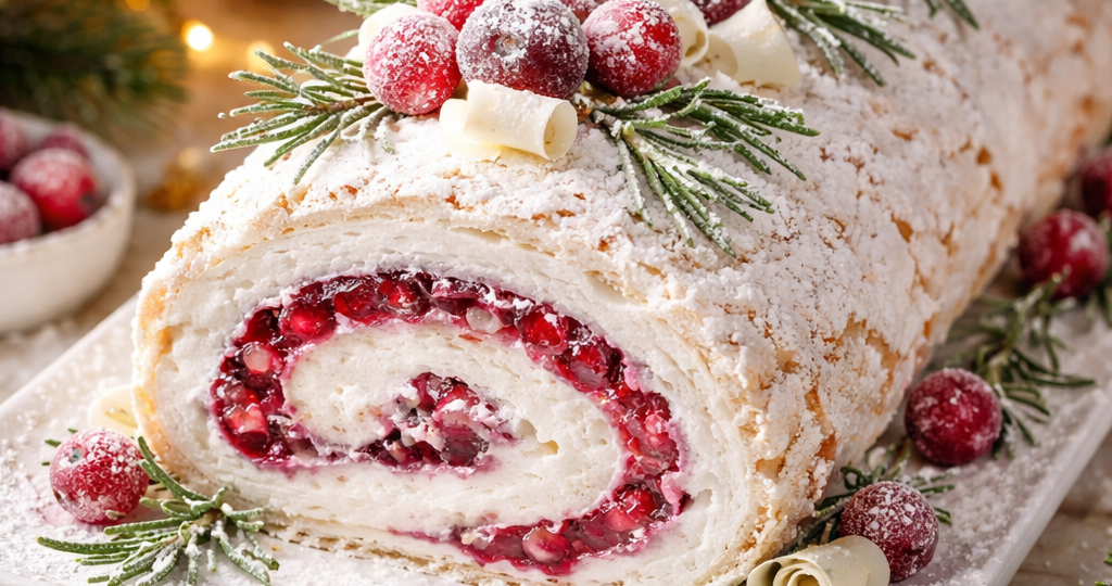 Снежная Молния: Новогодний меренговый рулет с клюквой и облачным кремом — тот самый десерт, который выглядит на миллион.