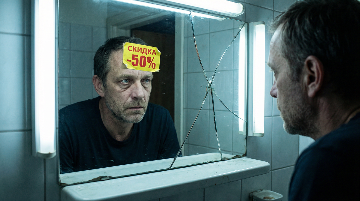 Мы привыкли искать жёлтые ценники в магазинах, но не заметили, как сами навесили на себя ярлык «уценка». Этот кадр — зеркало, в которое страшно смотреть: ты продаёшь себя за полцены, думая, что это разумная экономия.