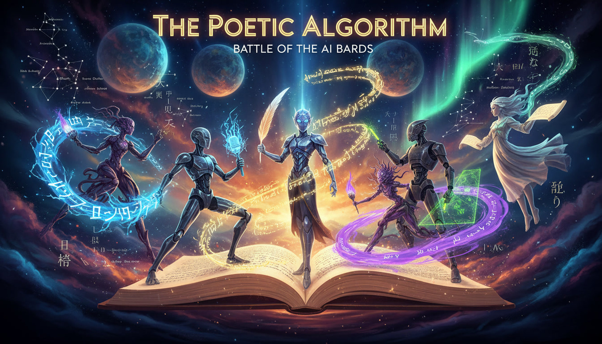Русский текст нейросети на картинки выводить хорошо пока не научились, по крайней мере Gemini 2.5 в котором я сгенерил обложку) Надпись гласит: Поэтический Алгоритм. Битва ИИ Бардов.