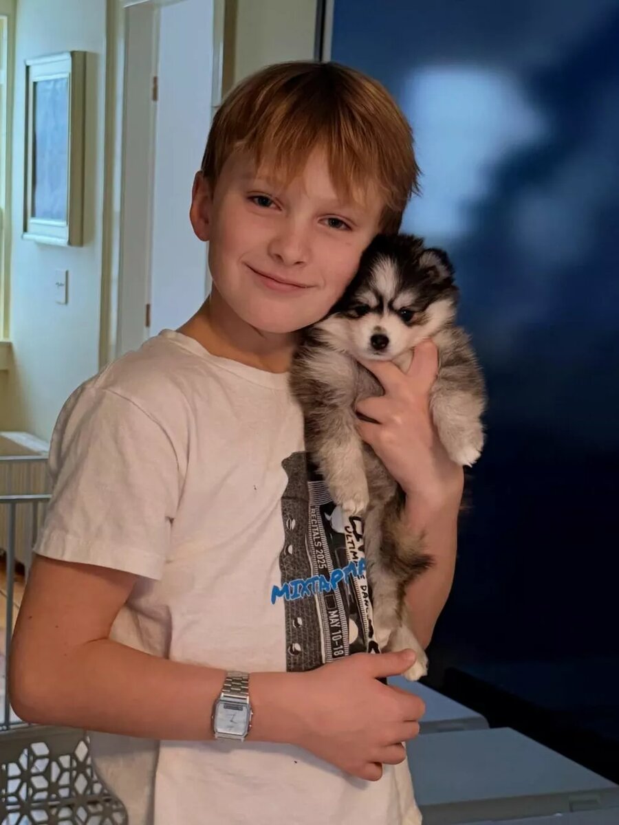 Сын Алека Болдуина с щенком📷
