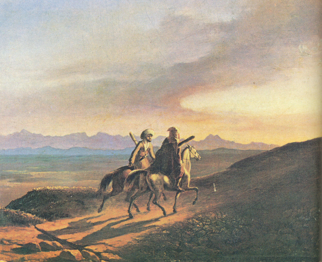 «Воспоминание о Кавказе» (1838). Художник: Михаил Юрьевич Лермонтов. Картина создана в период службы поэта в Новгородской губернии, на основе его кавказских впечатлений. Общественное достояние.