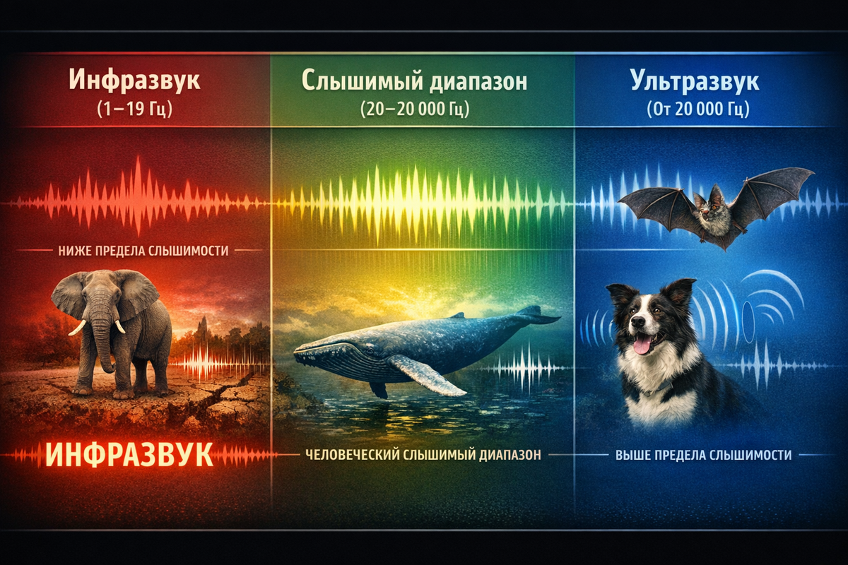 Сравнительная диаграмма звукового спектра. Слева — инфразвук (1-19 Гц) с изображением слона, кита и землетрясения. По центру — слышимый человеком диапазон (20-20 000 Гц). Справа — ультразвук (от 20 000 Гц) с изображением летучей мыши и собаки. Акцент на невидимой, но масштабной области инфразвука