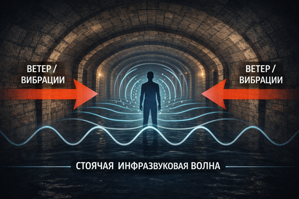 Схематичное изображение длинной сводчатой галереи или катакомб. Стрелками показано, как ветер или вибрации создают в помещении стоячую инфразвуковую волну (обозначенную волнистой линией низкой частоты), которая воздействует на фигуру человека, стоящего в центре