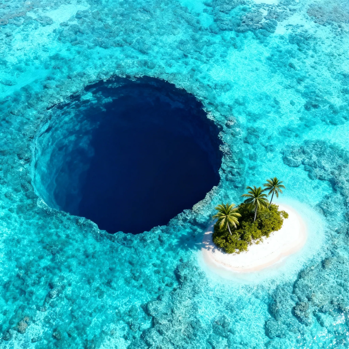 Идеальный тёмно-синий круг, врезавшийся в бирюзовую мель, словно просверленный в дне океана. Этот гигантский «шурф» — не отверстие, а вход в вертикальный мир, где каждый метр глубины отмеряет смену эпох и условий, как страницы в законсервированной геологической книге.