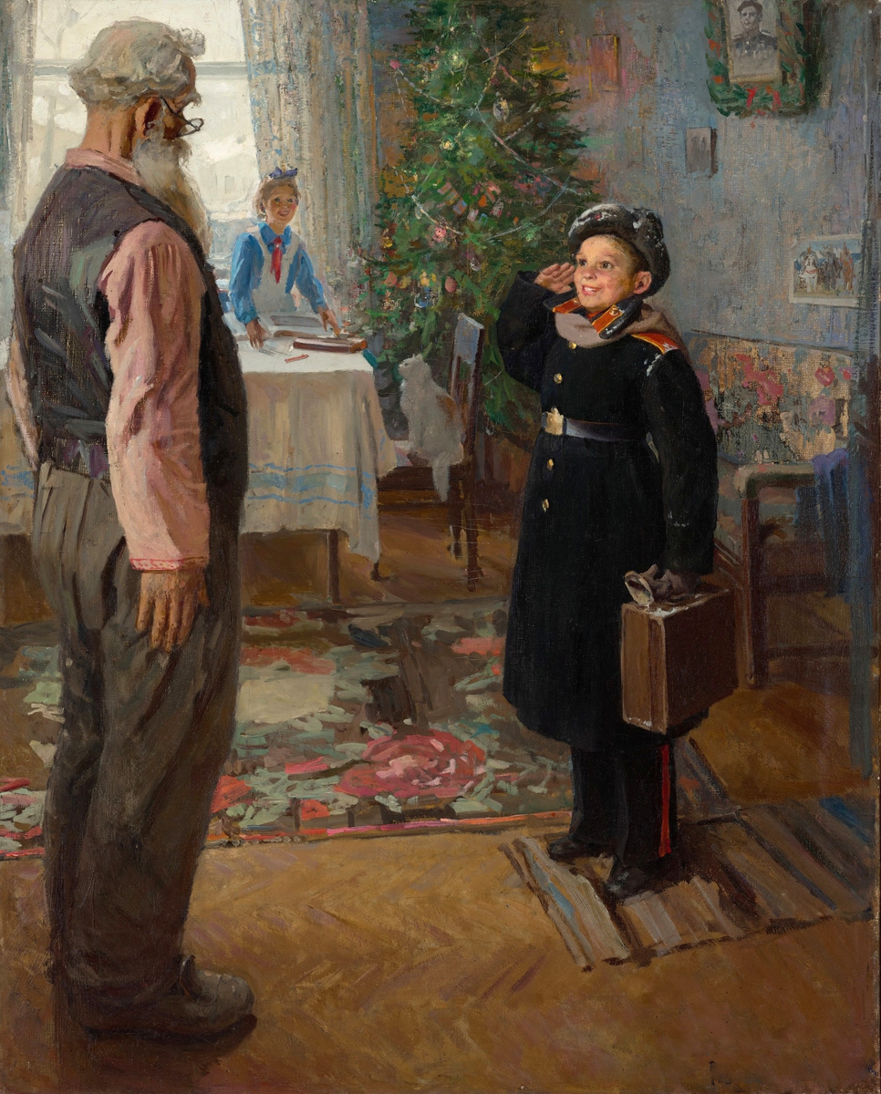 "Прибыл на каникулы", 1948 год. Холст, масло. Решетников Федор Павлович