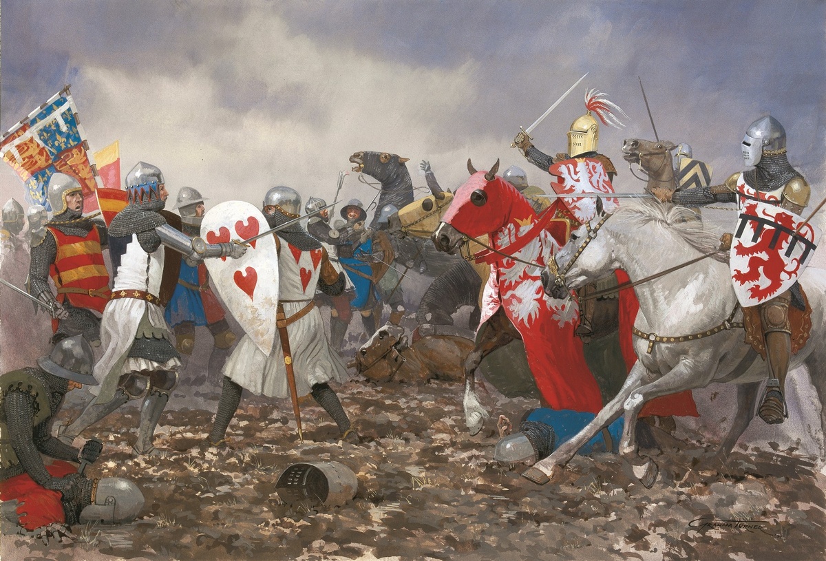 Рыцари в бою, 1346 год. Художник: Graham Turner