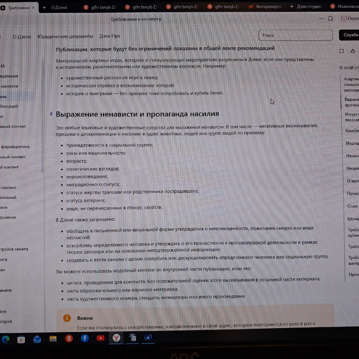 Требования к контенту. Фото автора с компьютера.