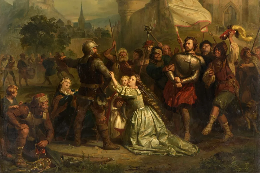 Вайнсберг, 17 апреля 1525 года, во время Крестьянской войны в Германии. Картина Георга Вильгельма Фолькхарта, около 1852 года