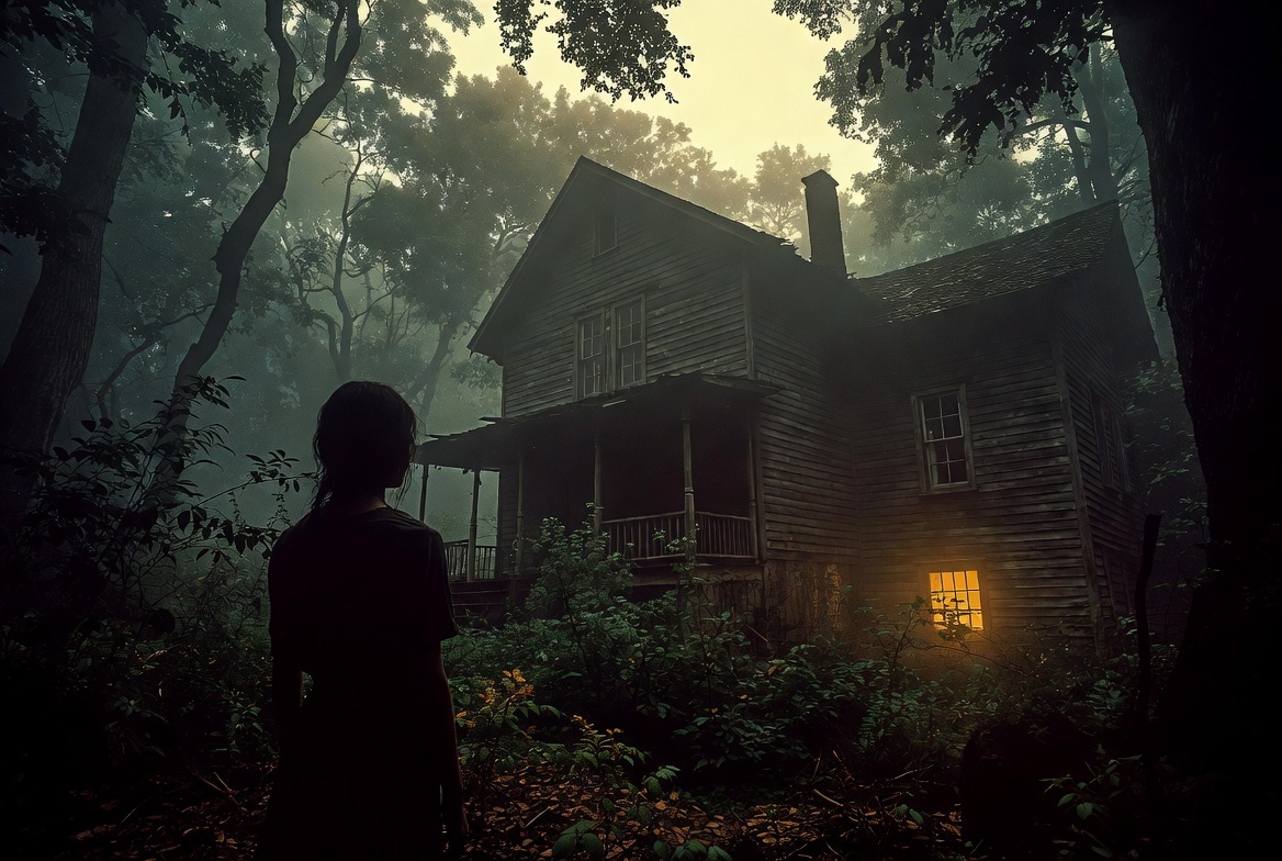 Старый, мрачный двухэтажный деревянный дом на фоне темного леса. Сумерки, туман стелется по земле. Одно-единственное окно горит тусклым желтым светом. На переднем плане со спины стоит девушка (Полина), она смотрит на дом, чувствуя угрозу.