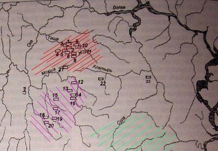 Погребальные памятники мордвы XI - XIII вв. (севернее - эрзя, южнее - мокша). 1 - Пятницы, 2 - Личадеево, 3 - Стексовский, 4 - Младший Кужендеевский, 5 - Погибловский, 6 - Сыреевский, 7 - Выползово-2, 8 - Выползово-6, 9 - Красное-1, 10 - Заречное-2, 11 - Коринский, 12 - Стародевиченский, 13 - Мордовско-Паркинский, 14 - Ефаевский, 15 - Куликовский, 16 - Черемисский, 17 - Кельгининский, 18 - Старобадиковский 1-й, 19 - Татаро-Лакинский, 20 - Сядемский, 21 - Саровский, 22 - Дубровский, 23 - Манадышский (источник: Пургасова волость. Племенное объединение или полноценное княжество // http: // artomas.livejournal.com, 12.12.2019).
