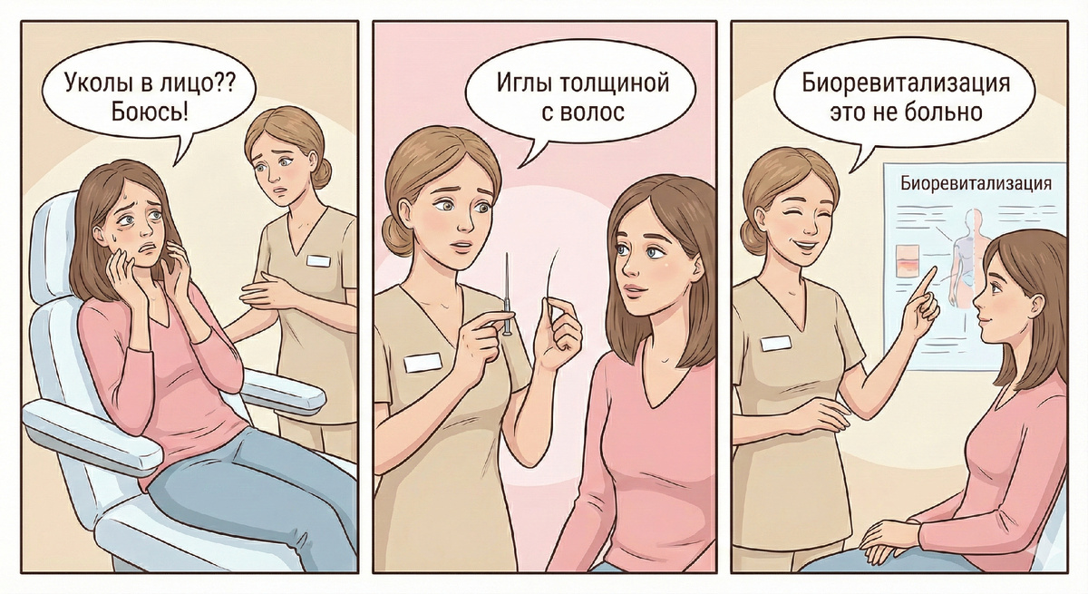 иллюстрация: девушка посетила косметолога, сообщает, что боится уколов, хочет сделать биоревитализацию