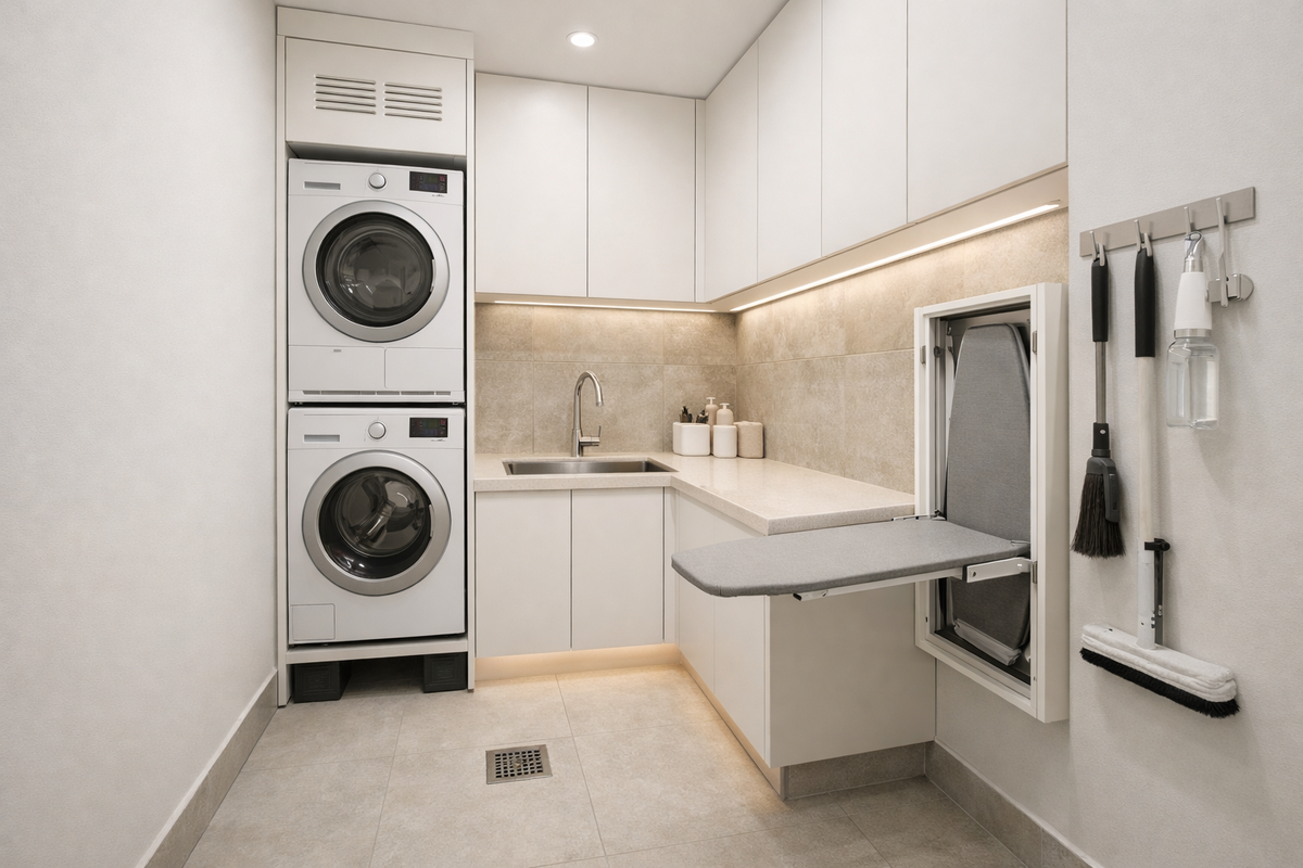 Постирочная 2,2 м² в СПб: стиралка+сушка в колонне, складное гладильное и «сухо‑тихо» без запахов